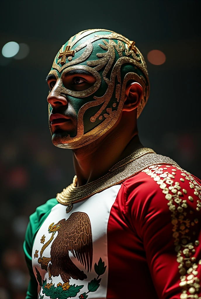 Create a wrestling character named Mexican Power where his mask is as closed as possible and he has a cross on his forehead and fragments of an eagle and that both in the mask and in the clothing he has the national colors. Take the Mizteziz mask as an example.