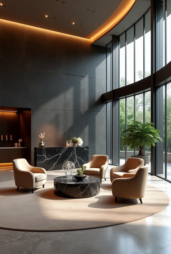 Professional 3d architecture rendering design of modern hotel’s Labi with dark slab stone and 4 dark beige velvet sofa Chairs and medium flouting dark gray marble station and elegant and modern accessories and glassy sculpture and modern windows and private space for baggage and black slab stone middle table and elegant accessories and modern ceiling lighting and beautiful green space