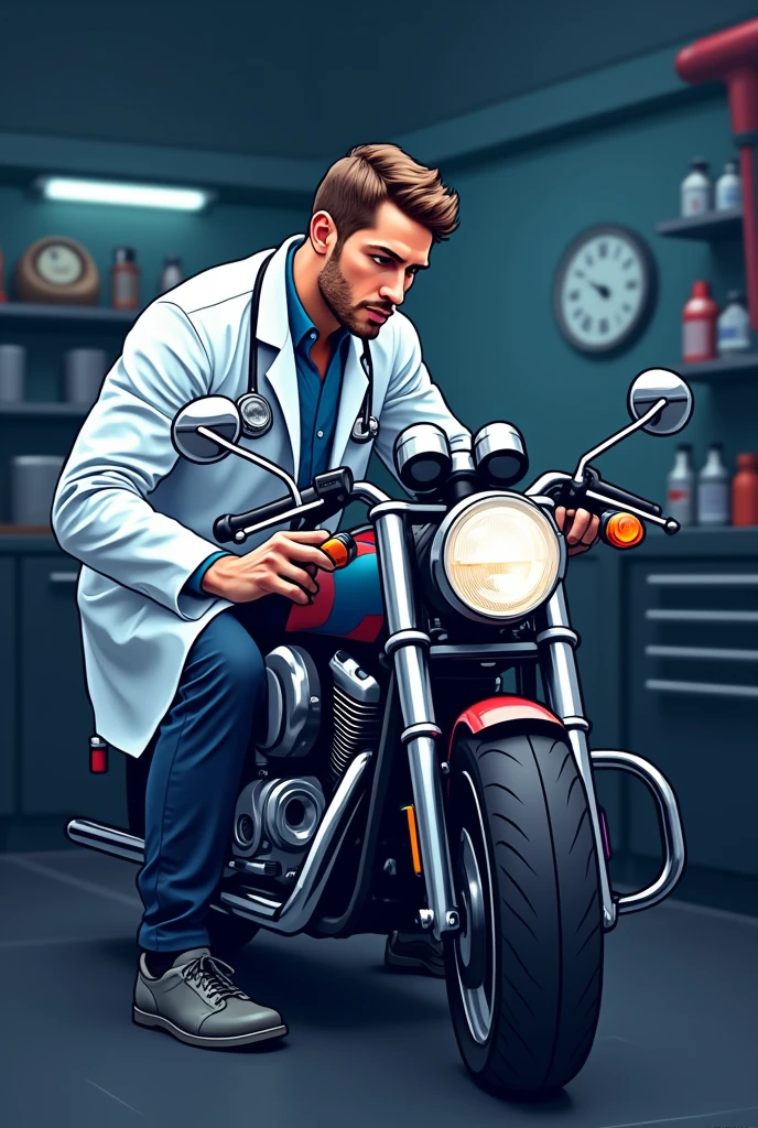 Doctor logo checking a motorcycle