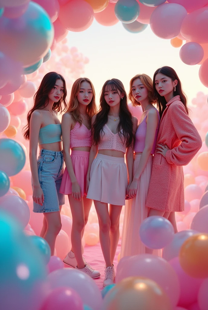 A five member kpop group with bubbles around them their all skinny and wearing y2k outfits  make it a round picture 