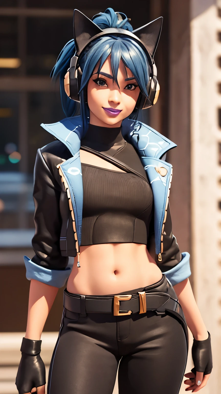City background, 1girl, solo, HeroicHopeFN, Heroic Hope from fortnite, (crop top, black top, open clothes), (jacket crop top, black jacket, blue loose, jacket loose), fingerless gloves, black pants, blue belt, blue hair, ponytail, blue eyes, eyeshadow, headphones, cat ears headphones, holster, purple lips, lipsticks, smile, heart, winked, upper body, looking at viewer,