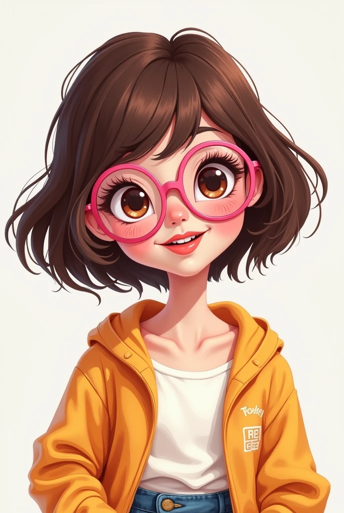 brunette woman, 4, Round face, short brown and white hair, pink metal glasses,cartoon chic casual outfit