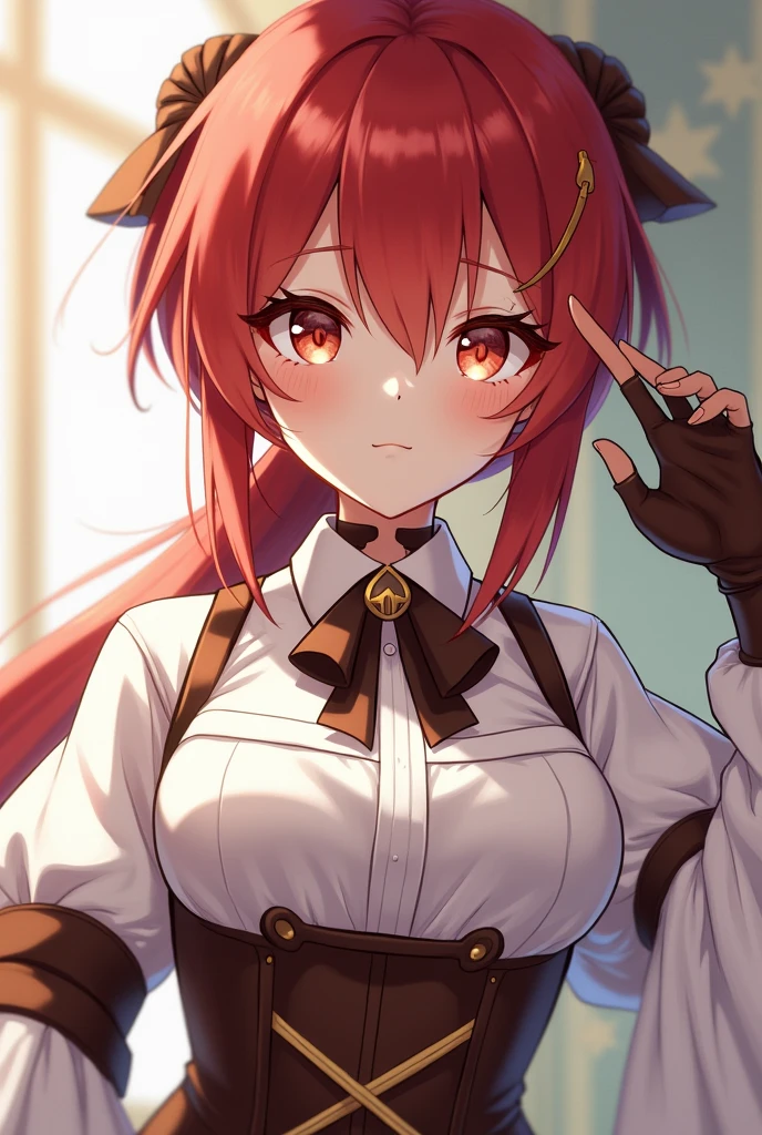 female, cherry-red hair, low bun, middleparting pony, orange eyes, serious, anime, genshin impact, white blouse, brown corset, white fluffy sleeves, brown gloves