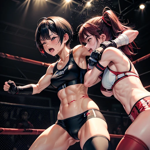 two (bloody) beautiful Japanese female fighters are fighting in the octagon fighting ring of underground arena with audience. a fighter is punching a face of another fighter who has her back pressed against the wire fence.. they are covered in (blood) and (bruises). (Intense violence), her face is distorted by opponent's attack.they are damaged terribry. Short-cut black hair, out of breath, drooling from mouth, one eye is closed, exhausted, drenched in sweat. Erect nipples. open finger glove. sports-bra, high-leg panty, Stockings. armwarmers. Whittled waistline, muscular, sixpack abs, small breasts
