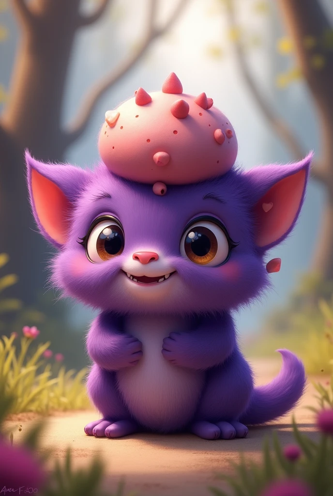 Cute little purple-haired monster has a tumor on his head