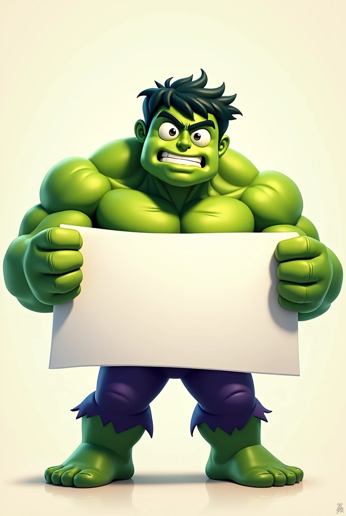 Create a 2D cartoon including a Hulk character with a head 4x larger than normal size holding a white banner.