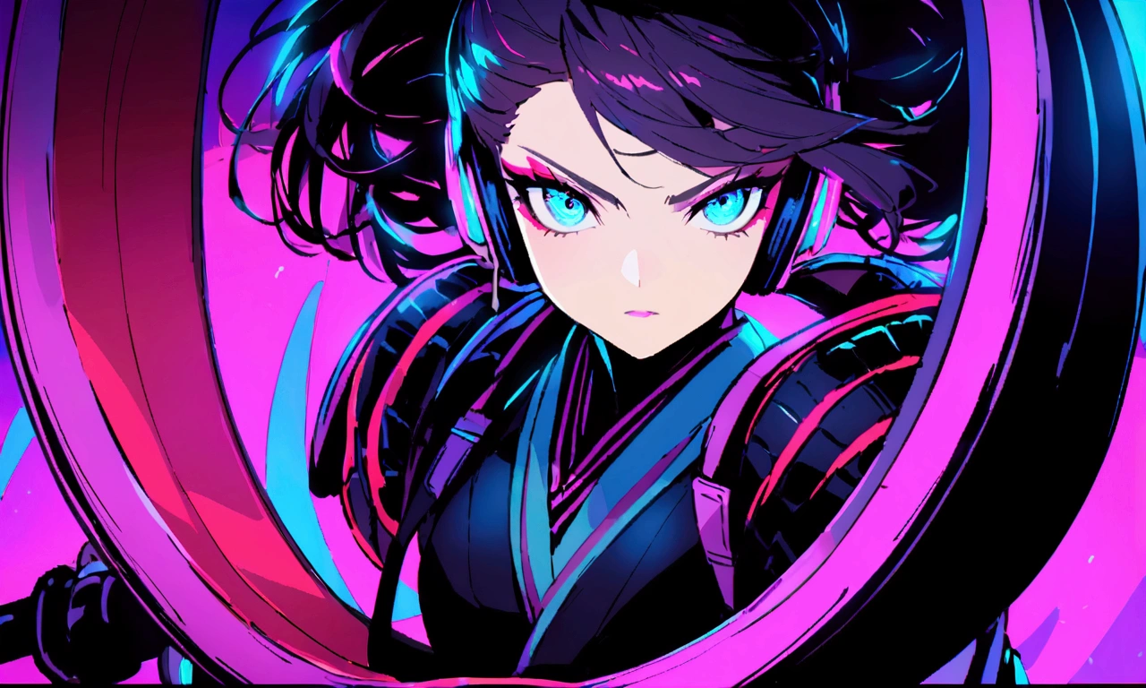 Vibrant close-up of a female samurai with distinctive makeup and a bold, modern hairstyle. She is passionately playing a large taiko drum, her face focused and determined. Her headphones are sleek and futuristic, glowing with neon blue light. The background is filled with bright, energetic colors, creating a dynamic and powerful atmosphere.