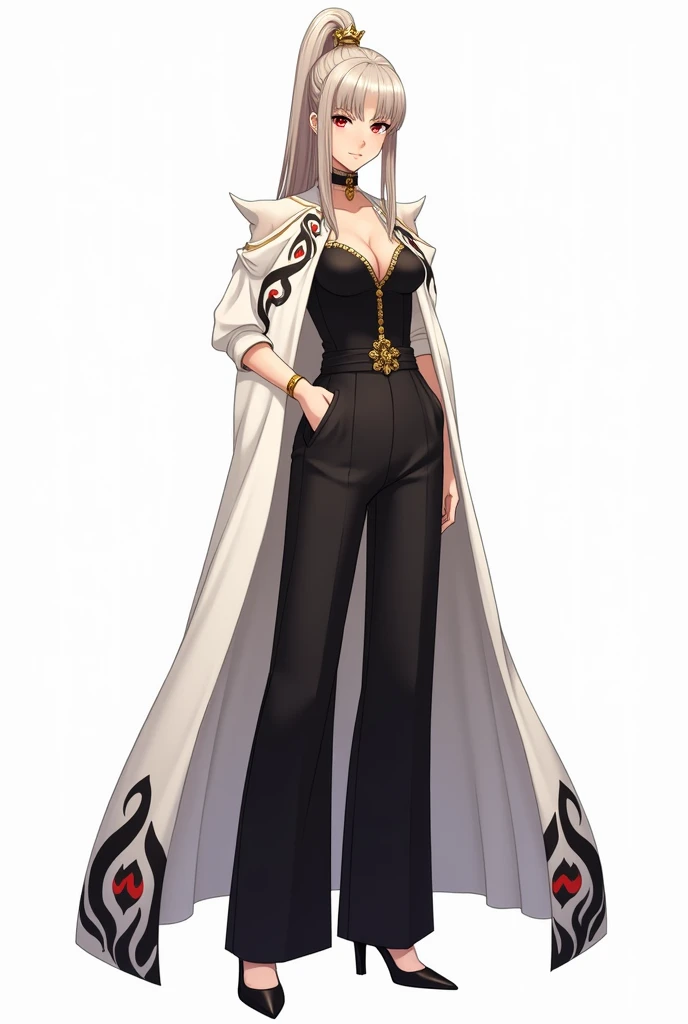 draw in anime style in full growth on a white background: a tall woman with ash blond hair, split bangs in 2 sides, and a 1 high ponytail. She wears a black tank top with gold detailing, and on top of the tank top is a white long cape with wide sleeves with black, white and red peacock feather detailing. She is also wearing black wide pants and black shoes. She also has a hairpin with a black, white and red peacock feather on her head. Her eyes are red and not big. She also has gold accessories on her head. She must feel like a rich and cool person. Make her expression serious or in a dynamic pose