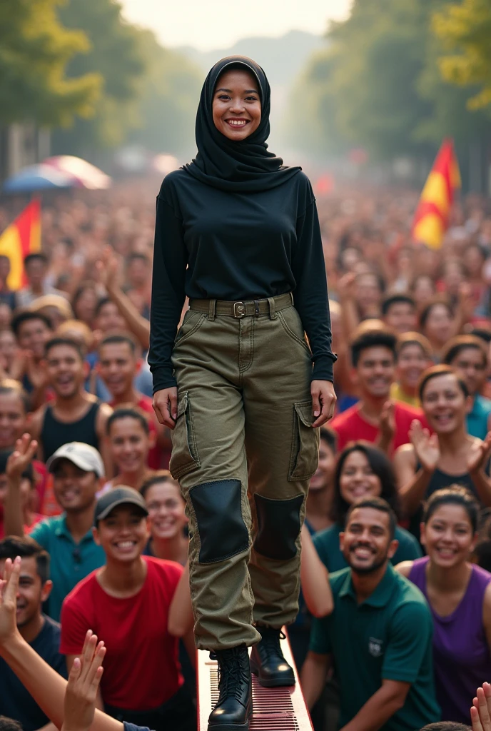 1 solo Malaysia women hijab black age 2s. Women Venus body type . Loose shirt .Black shirt long sleeve salute position. Cargo pant camouflage red green black. firefighter jumpsuit wear tight in . Very muscle body. many colorfull man cheerfull face clapping hand surrounded women . Standing on firetruck ladder