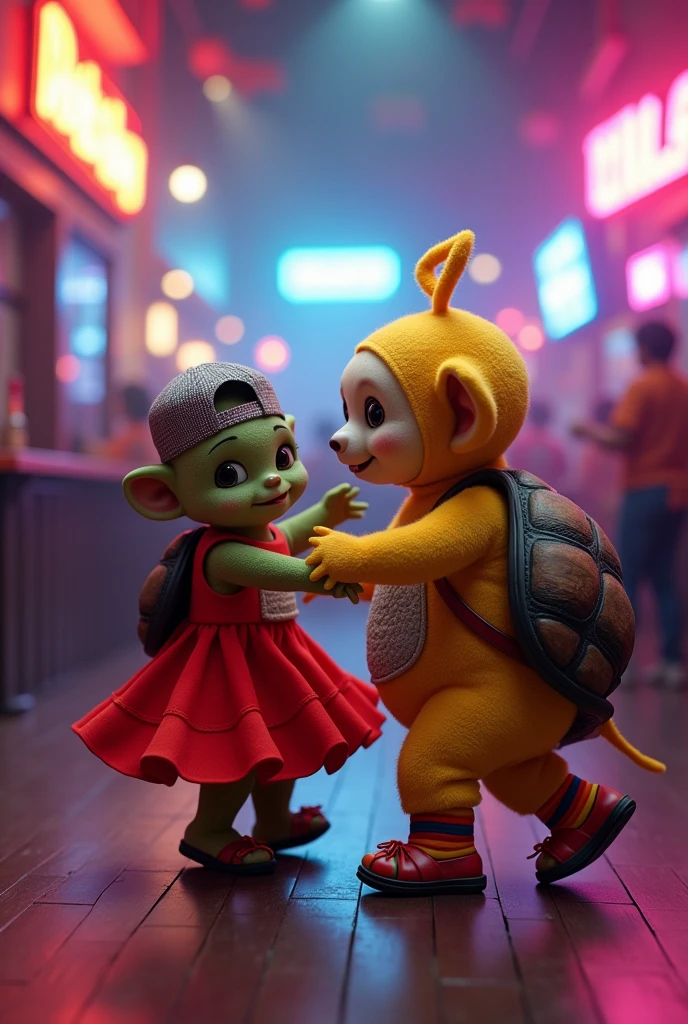 Tortugita wearing a red dress dancing with a teletubies with a backwards cap and flip-flops with colorful socks. in a night club