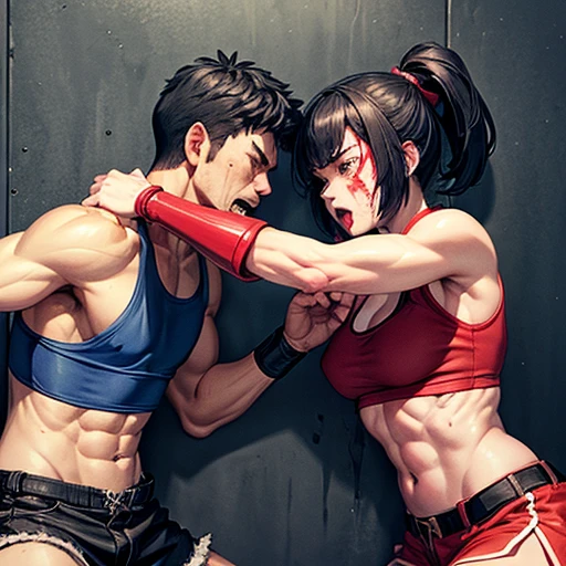 a male streetfighter and  (bloody) beautiful Japanese female streetfighter are fighting in the backstreet. the male fighter is punching a face of the female fighter who has her back close to the wall. she is crying. they are covered in (blood) and (bruises). (Intense violence), her face is distorted by opponent's attack.they are damaged terribry. Short-cut black hair, out of breath, drooling from mouth, one eye is closed, exhausted, drenched in sweat. Erect nipples. open finger glove. tanktop, denimshorts, Whittled waistline, muscular, sixpack abs, small breasts