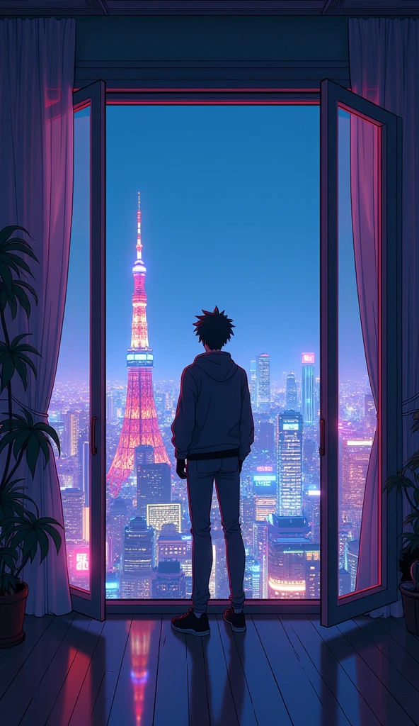 there is a anime guy standing in front of a window looking at the tokoyo city , synthwave aesthetic, lofi artstyle, lofi hip hop, lofi aesthetic, cyberpunk atmosphere, lofi vibes, synthwave style, synthwave, synthwave art, lofi art, synthwave art style, retrowave atmosphere, 8 0 s anime vibe, chillhop, cyberpunk vibes Vibrant color anime style --ar 4:3 --niji 6(low and wide angle view)(big window open)