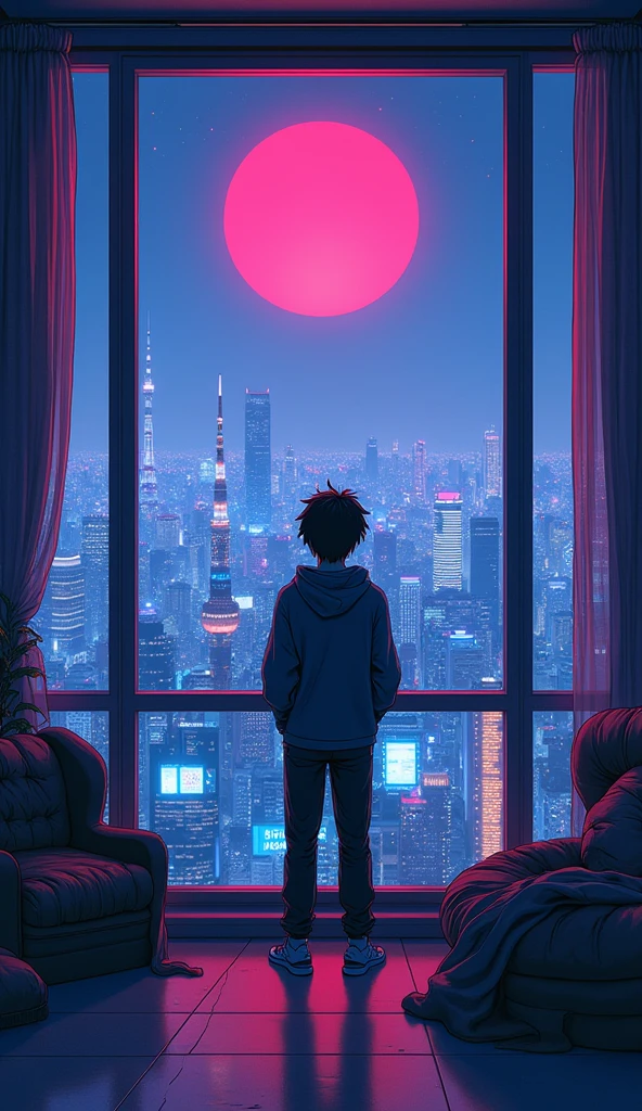 there is a anime guy standing in front of a window looking at the tokoyo city , synthwave aesthetic, lofi artstyle, lofi hip hop, lofi aesthetic, cyberpunk atmosphere, lofi vibes, synthwave style, synthwave, synthwave art, lofi art, synthwave art style, retrowave atmosphere, 8 0 s anime vibe, chillhop, cyberpunk vibes Vibrant color anime style --ar 4:3 --niji 6(low and wide angle view)(big window open)