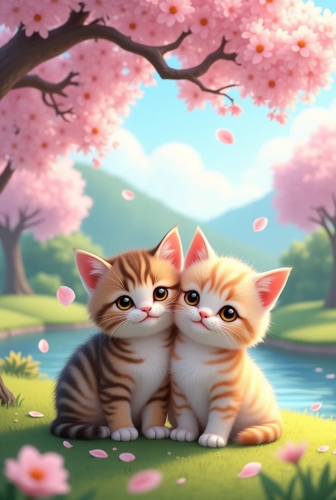 Create an image of two adorable kittens sitting together under a blooming cherry blossom tree in a peaceful park.