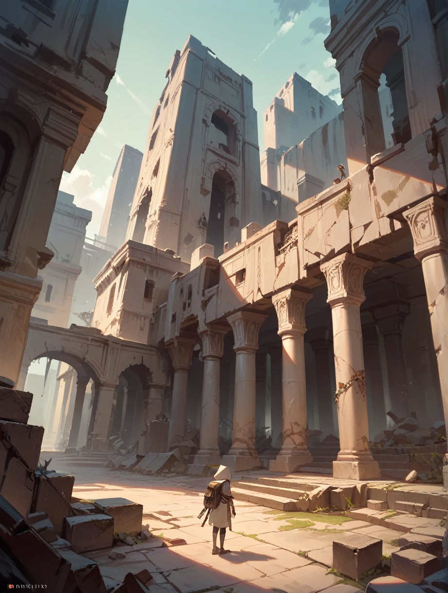 score_9, score_8_up, score_7_up, score_アニメ, masterpiece, best quality, delicate illustration, sharp line, sharp focus, BREAK,Traveler girl wandering in the ruins of endless night, the girl is wearing a hood, a lot of baggage in her backpack., night、Ruins of the future