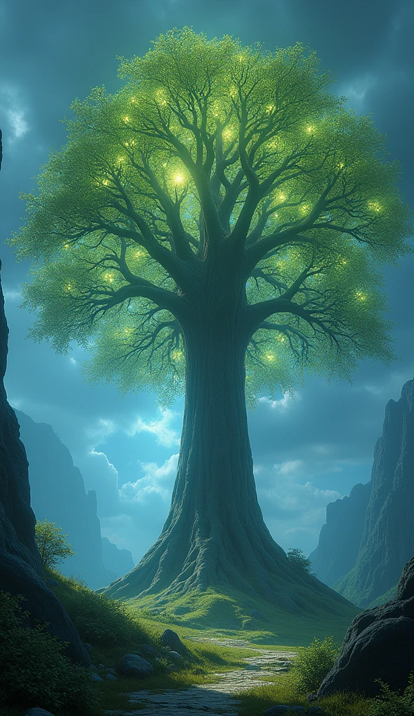 Above the sky is a huge tree with each of its leaves shining brightly