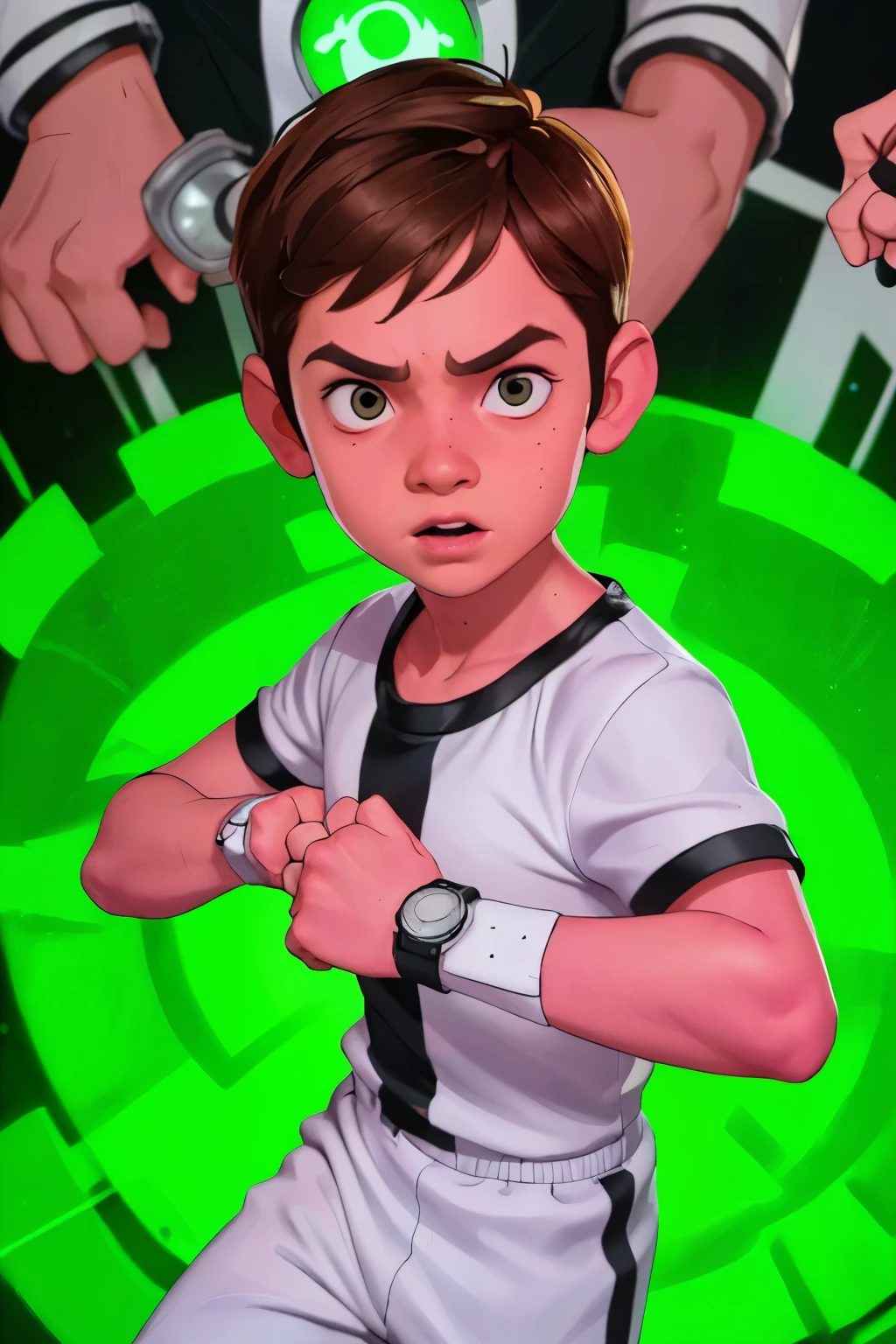 Movie poster, Ben 10 ((A child, *** ))), ((wearing a white outfit with black stripe in the center)), showing fist. (((Big Watch Machine on arm))) . ((Action facial expression )) . highy detailed, face detailed, realisitic, cinematic lighting, studio quality, proffesional, face detailed, intrikate, bright coloured. ((Comic lighting background)).