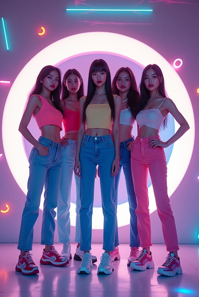 A five member kpop group with y2k around them their all skinny and wearing y2k outfits make it a round picture