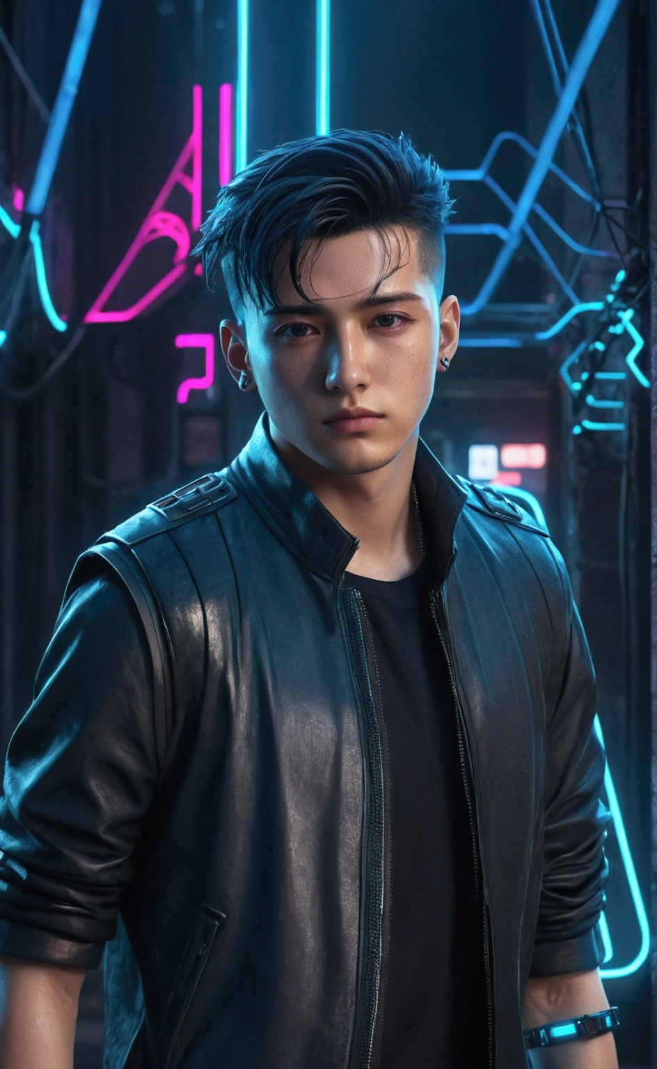 Change background cyberpunk handsome boy, realistic face, 8k, ultra realistic