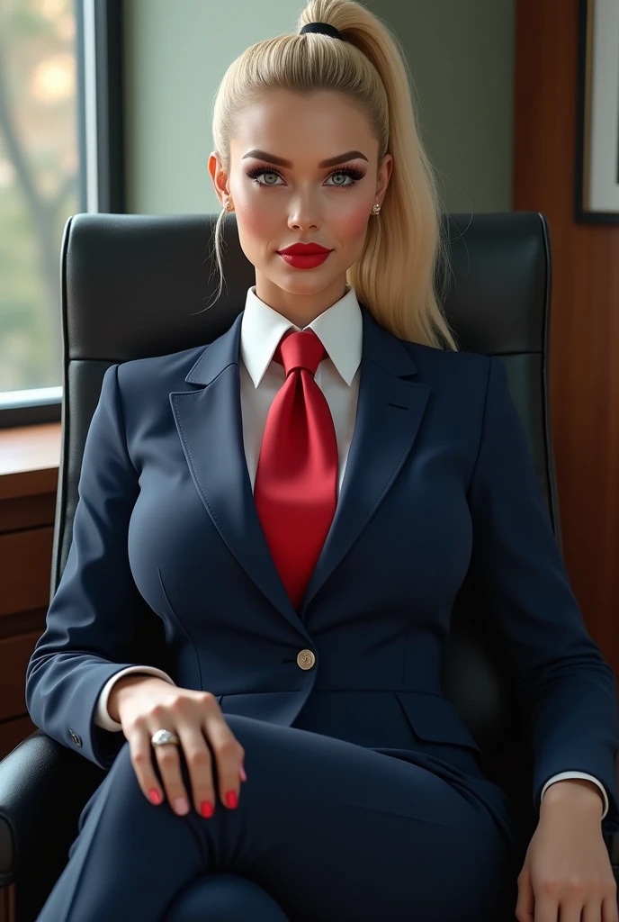 (photorealism:1.2), beautiful woman, a massive curvy woman with blonde ponytail red lips wearing a perfect light navy blue suit with a thick Windsor knot red necktie large collar thin face massive breasts. sitting in a chair in her office,