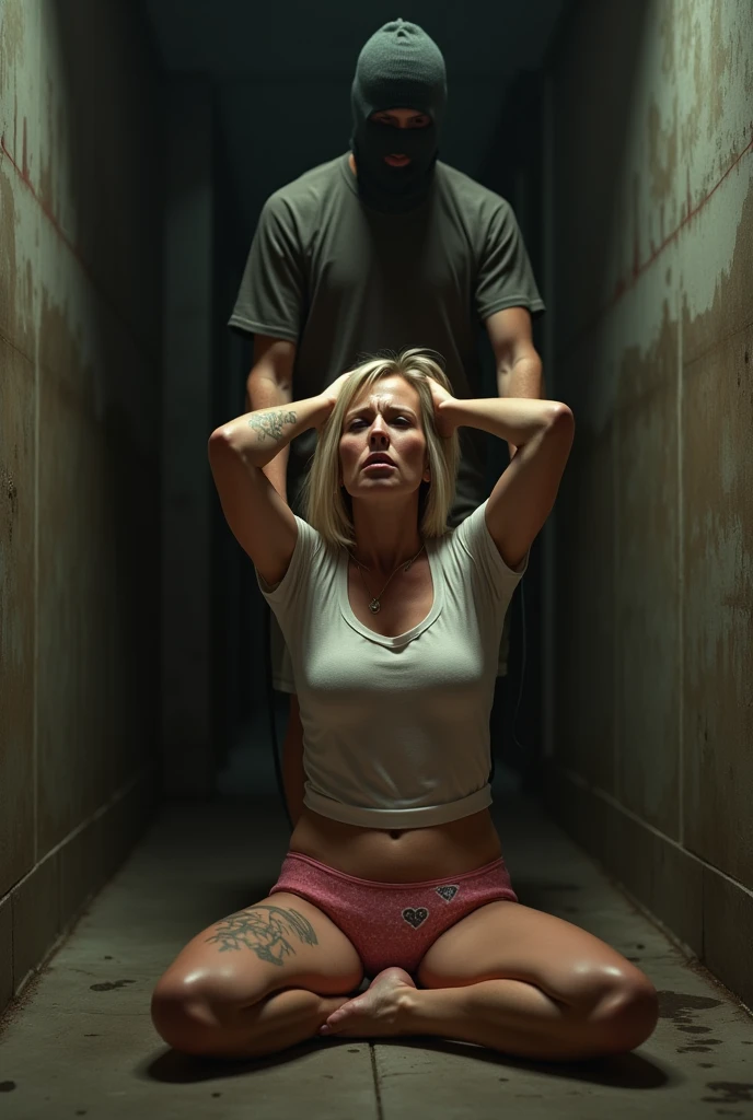(photorealism:1.2), middle aged caucasian woman, (age 38:1.5), uncomfortable pose, realistic, intricate details, warm colours, blonde white hair, shoulder length bobcut hair, rough face skin, short height, thick thighs, sweaty, textured aged skin, tanning lines, small breasts, skinny-fit, dog leash, black blindfold, dark red uneven lipstick, wearing pink seethrough very tight high-waist cotton thong with a heart ❤️ on it , full body visible, legs spread, tight high-waist t-shirt, hands above head, in a dark basement, endured face, no tattoos, mouth open, showing goey tongue, tall skinny Caucasian young man standing next to her, young man is wearing balaclava, young man is walking her o a leash, ((4K))