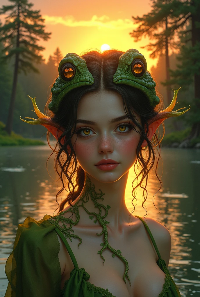 sensual gorgeous toad girl , colorful vivid,  expresive beautiful eyes, with the sun setting in the background of a beautiful lake between trees. Roxy Paine Loish , Anne Bachelier portrait style,intricate, highly detailed