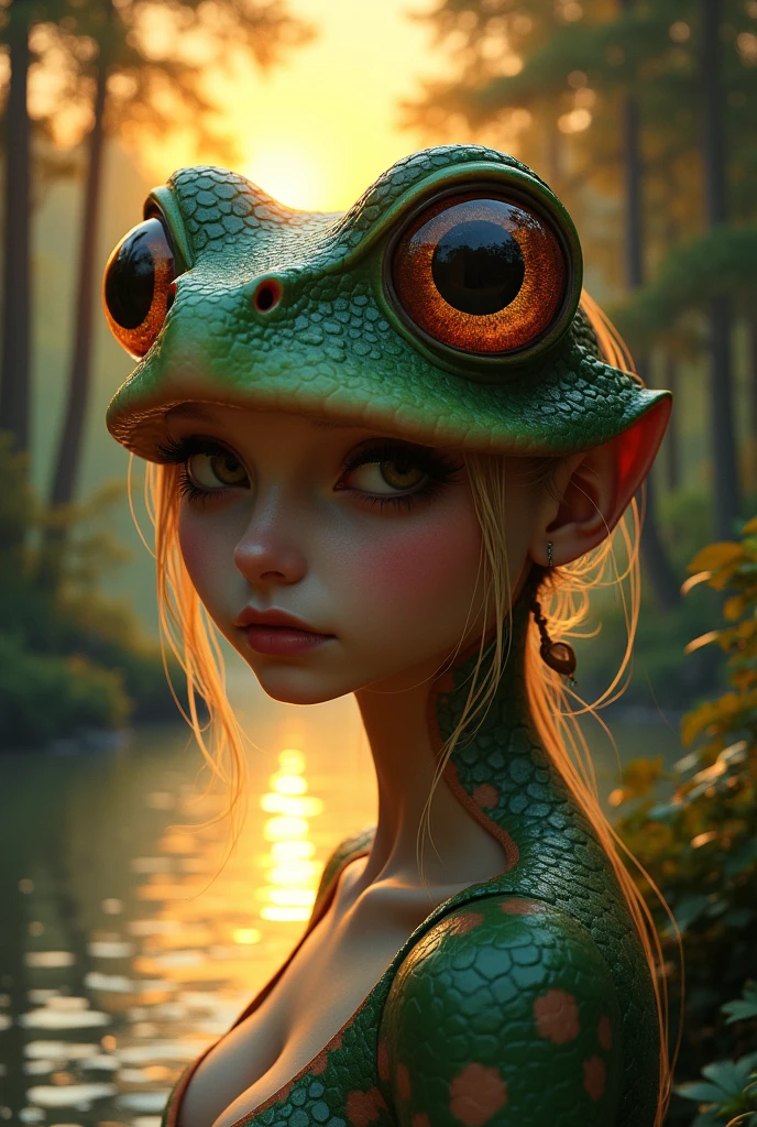 sensual gorgeous toad girl , colorful vivid, expresive beautiful eyes, with the sun setting in the background of a beautiful lake between trees. Roxy Paine Loish , Anne Bachelier portrait style,intricate, highly detailed