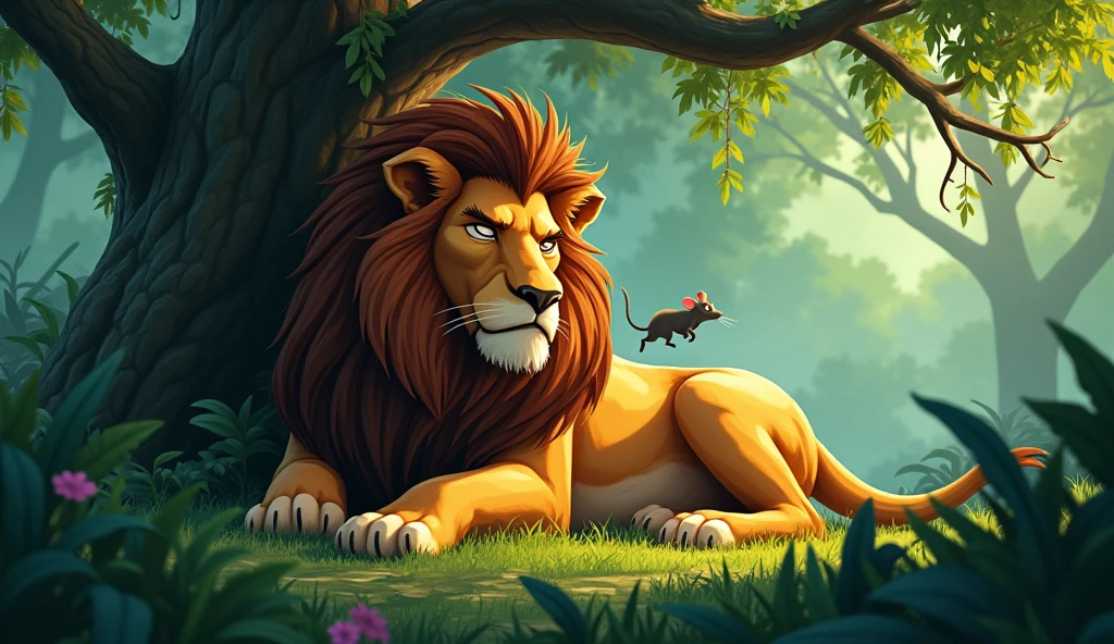 A large, majestic lion is peacefully sleeping under a big tree in a dense jungle. Suddenly, a small mouse scurries over the lion's body. The lion wakes up with an irritated expression, its eyes half-open, while the tiny mouse looks startled.