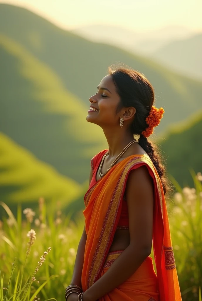 An indian girl is feeling happy and peaceful by letting something important going off