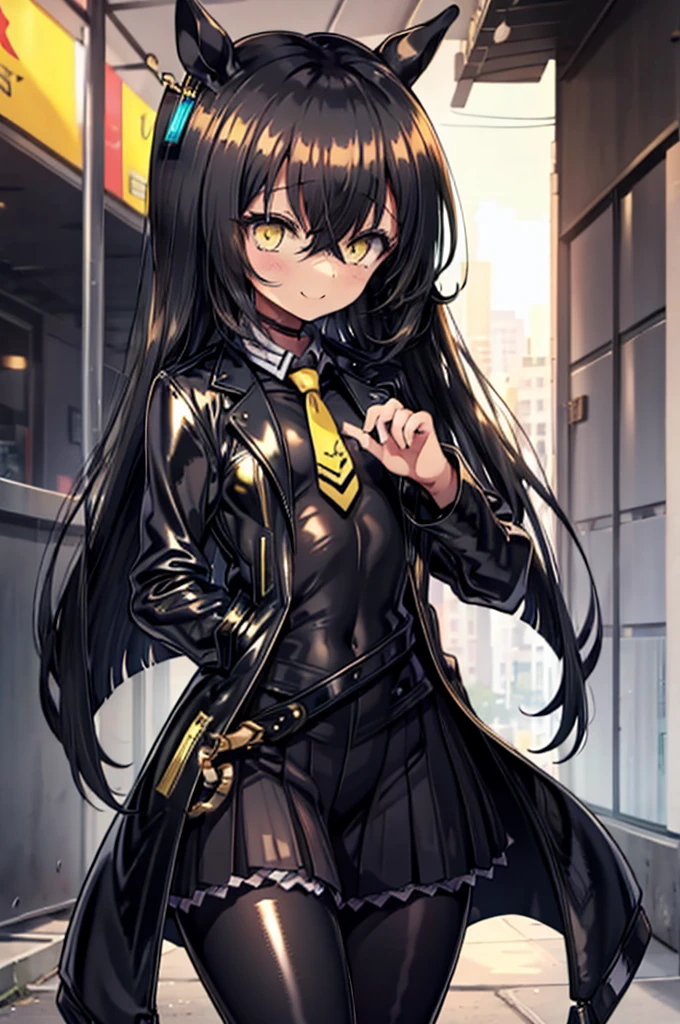 masterpiece, Highest quality:1.2), Manhattan Cafe(umamusume), One Woman, alone,Glowing Skin、Yellow Eyes、Eyes without highlights、Black Hair, Long Hair, Straight Hair, Thick legs、Are standing、Cowboy Shot、smile、((latex))、Shiny black skirt, A shiny, light-reflecting rubber suit、Shiny yellow tie, ((Glossy black jacket, Glossy jacket)), pantyhose、