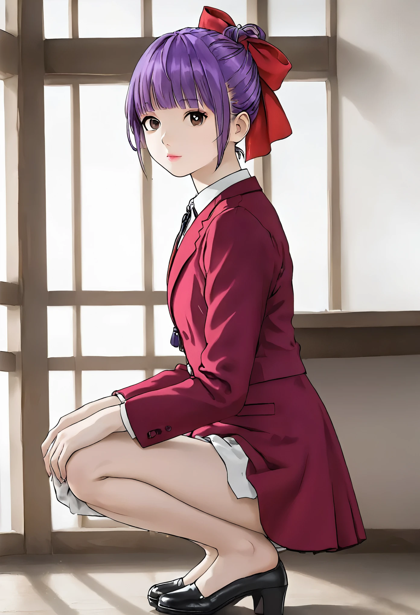 japanese beautiful woman,Ultra detailed skin,Ultra-fine,toView,dark Brown eyes,almond eyes,high detailing,(purple short-haired with bangs:1.2),ponytail, large red hair ribbon, (Photorealsitic:1.4),(Top image quality:2.0),(超A high resolution:1.0), (​masterpiece),(pureerosface:1.5),big eye,Dynamic lighting,Bright pink and sparkling lipstick,Beautiful skin that shines white,Business suits,red pumps,Squatting