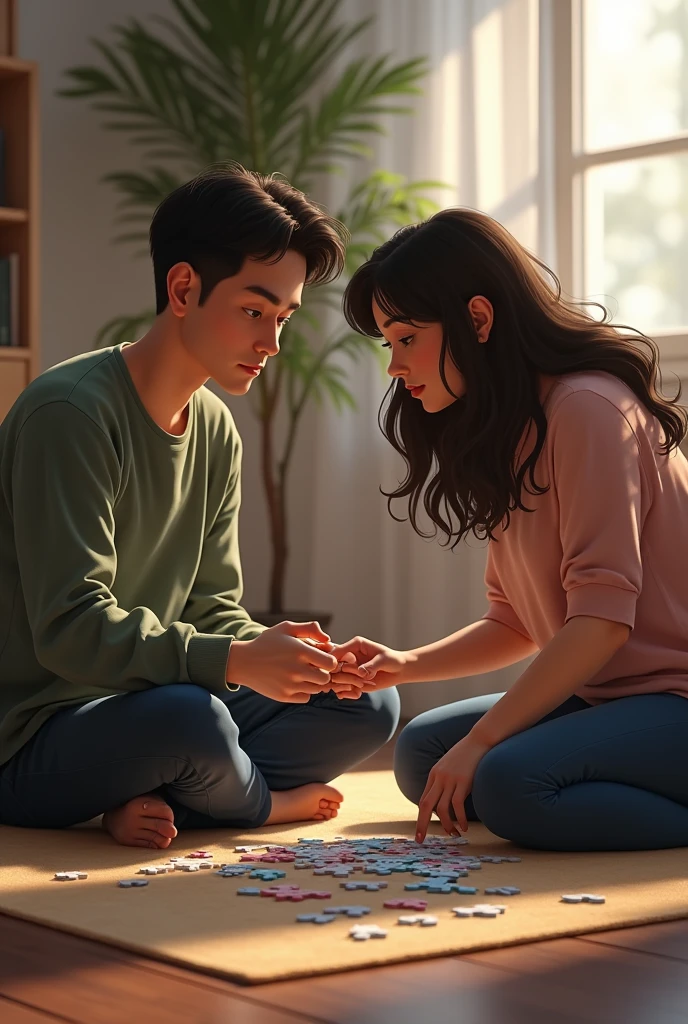 An adult couple playing puzzles together on the floor. Tall thin man, fat woman, long  hair. PICTURE REALISTIC.