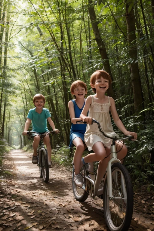 Very happy skinny young kids with short ginger hair, dressed in light summerdresses, ride daddy épaules dans une forêt en pleine après midi 