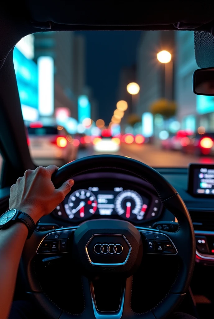 generate a photo as if it were taken from an iphone 13, and the photo without any blurred angle, all focused. The photo will be from inside an Audi in the first person camera,  at night on the streets of São Paulo with traffic and only one hand on the steering wheel and a watch 