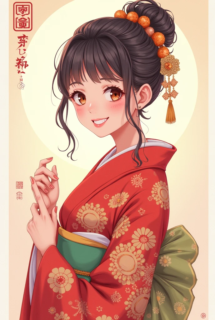 Kimono Beauty、Anime Style、Beautiful features、happiness、smilingly、3:3、stamp