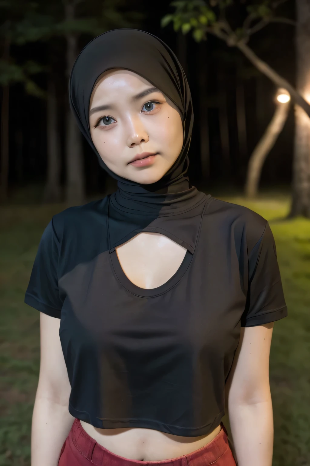 ((CROPPED CROPPED 77 NUMBER TSHIRT)), ((HIJAB GIRL STYLISH)) & ((WEARING HOTPANTS)), masutepiece, High quality, UHD 32K, Realistic face, Realistic skin feeling , A Japanese Lady, 5 matured lady, , Very cute (((FLAT CHEST))), (Night time at forest), ((look In front at the camera and SADNESS)), (((CUTE GIRL))), ((Gigantic:1.64))