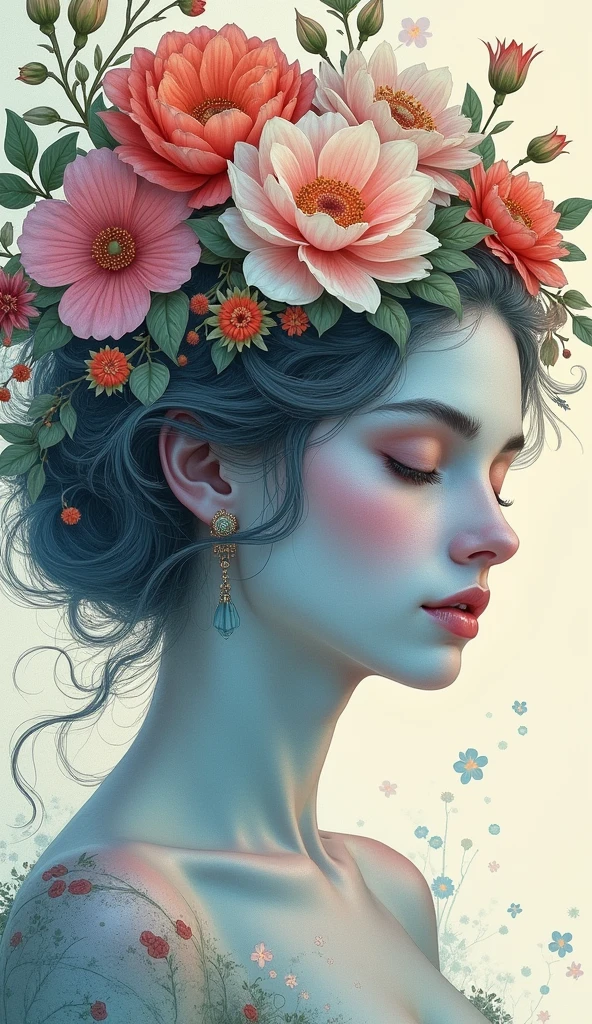 An ultrafine detailed watercolor painting of a gorgeous woman with flowers in her hair, in the style of Alphonse Maria Mucha and Gustav Kilmt, art nouveau accents, fairy princess, anthropomorphic female, female figure, detailed cover artwork, as the goddess of the flowers, Alphonse Mucha, Gustav Klimt, pale bluish skin, a marble sculpture, cgsociety, gothic art, art nouveau, behance contest winner