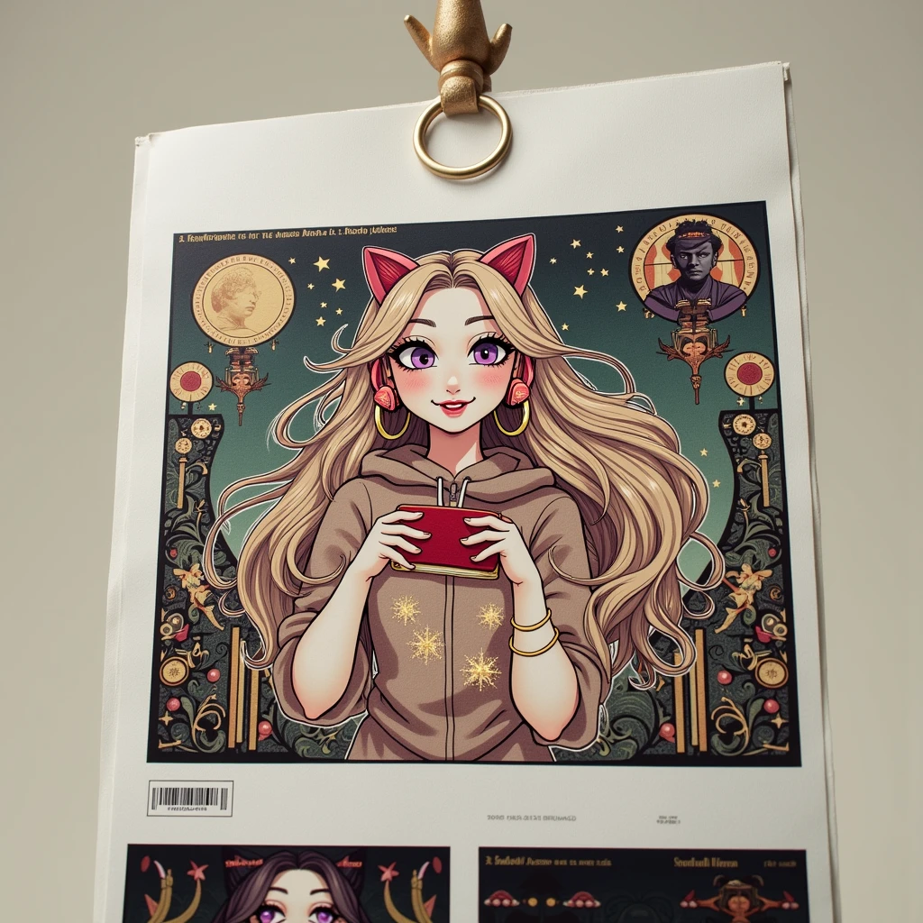 Young model 22-18, using a wallet. I provide you the wallet in the image.masterpiece, Long hair, breasts, Hoop Earrings, cat ear headphones, smile, violet eyes, smile, Multiple views, jewelry, hood, American propaganda poster, Art Nouveau,