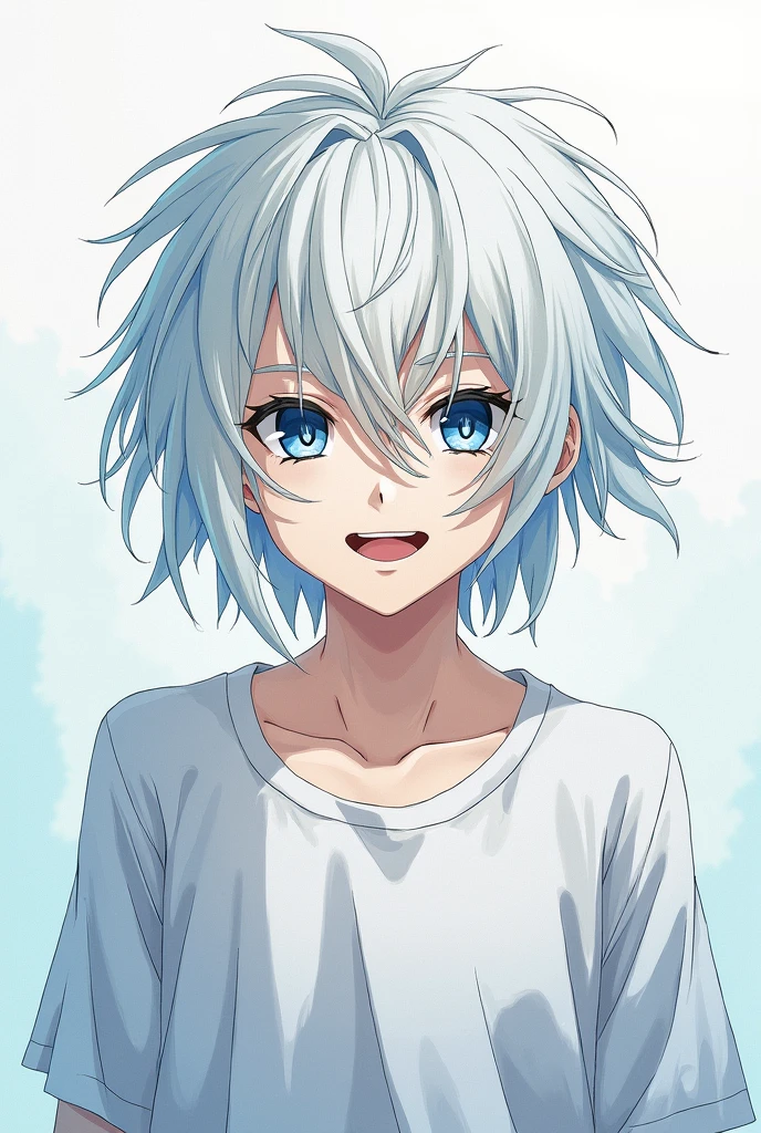 Satoru Gojo (JUJUTSU KAİSEN),I'm sorry,, , 1man, hair up and messy, white dreadlocks hair court(au cou), DiamonD-formeD pupils, DiamonD (forme), Hair between the eyes,, opened mouth, blue eye, white hair,, chemise,, ¾ sleeves, ssmile, bare, ((bleached hair)), white dreadlocks hair, white chemise, aquarel,