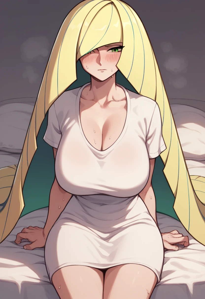 Huge breasts、Cleavage、blush、Sweat、In the heat、Pokemon Lusamine, Blonde, Green Eyes, Hair on one eye, Long Hair, Multicolored Hair, Striped Hair, very Long Hair,、(The whole body is visible)、(White T-shirt Long Maxi Dress)、Loose clothing、Troubled face、Half-closed eyes、Sit on the bed、
{Highest quality}, {so beautiful}, {Very detailed}, {Best illustrations},