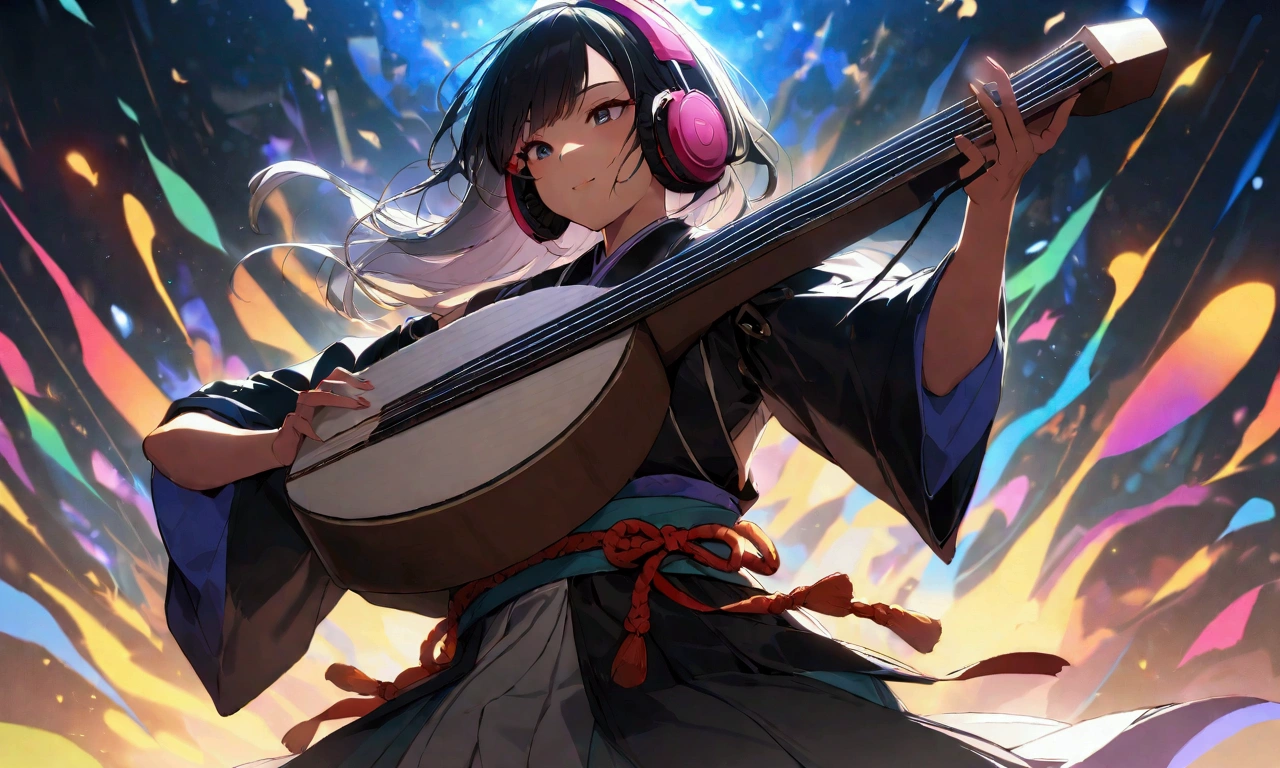 "Moonlit Performance: Samurai with Shamisen and Drum & Bass Vibes"
An energetic close-up of a female samurai playing a shamisen, her distinctive makeup and modern headphones standing out. The moonlit night and bright, colorful backdrop highlight the fusion of traditional shamisen music with Drum & Bass rhythms. The image conveys a sense of vibrant energy and festive spirit.