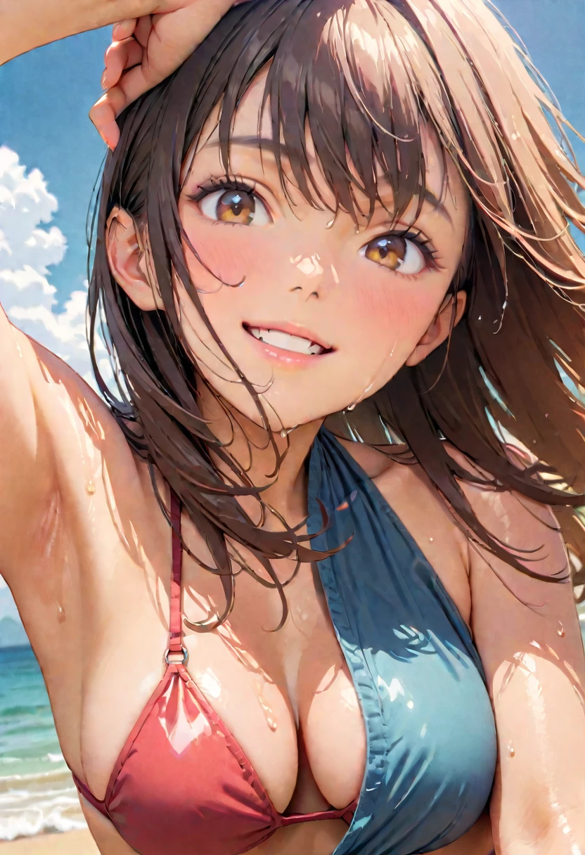 (Highest quality:1.2, Very detailed, Latest, Vibrant, masterpiece:1.2, Highest quality, Best aesthetics), smile, ((Face Up Shot:1.4)), 1980s style, 8K Ultra HD, Background Blur, smile, One Woman, Woman in bikini, Strong sunlight, Seaside, sunny, Summer sunshine, Wet Skin, Sandy Beach, low length, Dynamic Angle