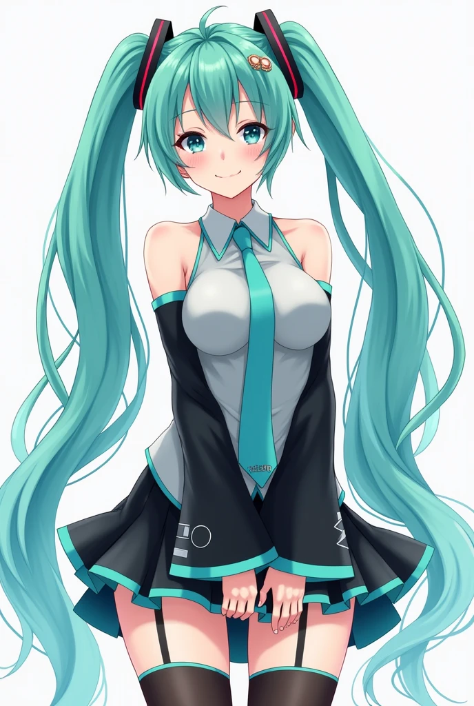jack dempa style,hatsune miku,  aqua necktie, aqua hair, transparent shirt, hair ornament, headset, black skirt, shirt, skirt, bare shoulders, thighs, 1girl, long hair, black thighhighs, closed mouth, aqua eyes, looking at viewer, smile, large breasts, detached sleeves, very long hair, pleated skirt, zettai ryouiki, twintails, necktie, thighhighs, solo, blush, sleeveless, no bra