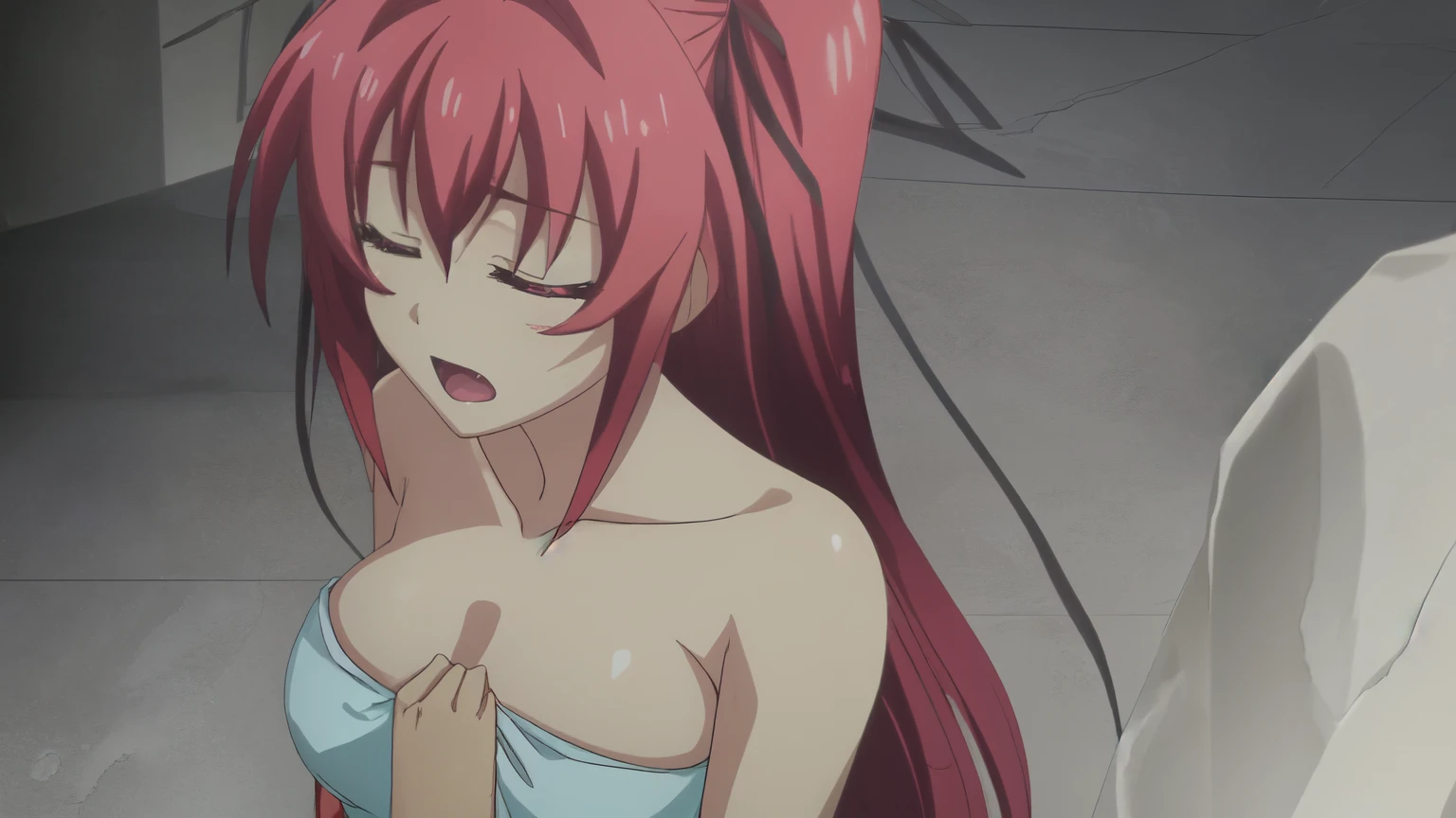 (Extremely detailed CG unity 4k wallpaper), (masterpiece), (Best Quality), (ultra detailed) ,(best illustration), (best shadow), (absurdities), (detailed background), Mio Naruse, 1 girl, old, bare shoulders (detailed hands), breasts, neckline, demon girl, breasts grandes, by the wide, Red eyes, Red hair, Alone, towel, blushing, open mouth, closed eyes