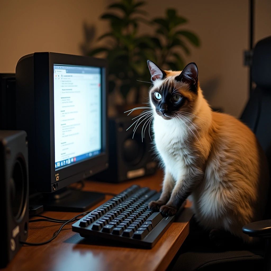 Make a Siamese cat that sits at the monitor and types on the keyboard
