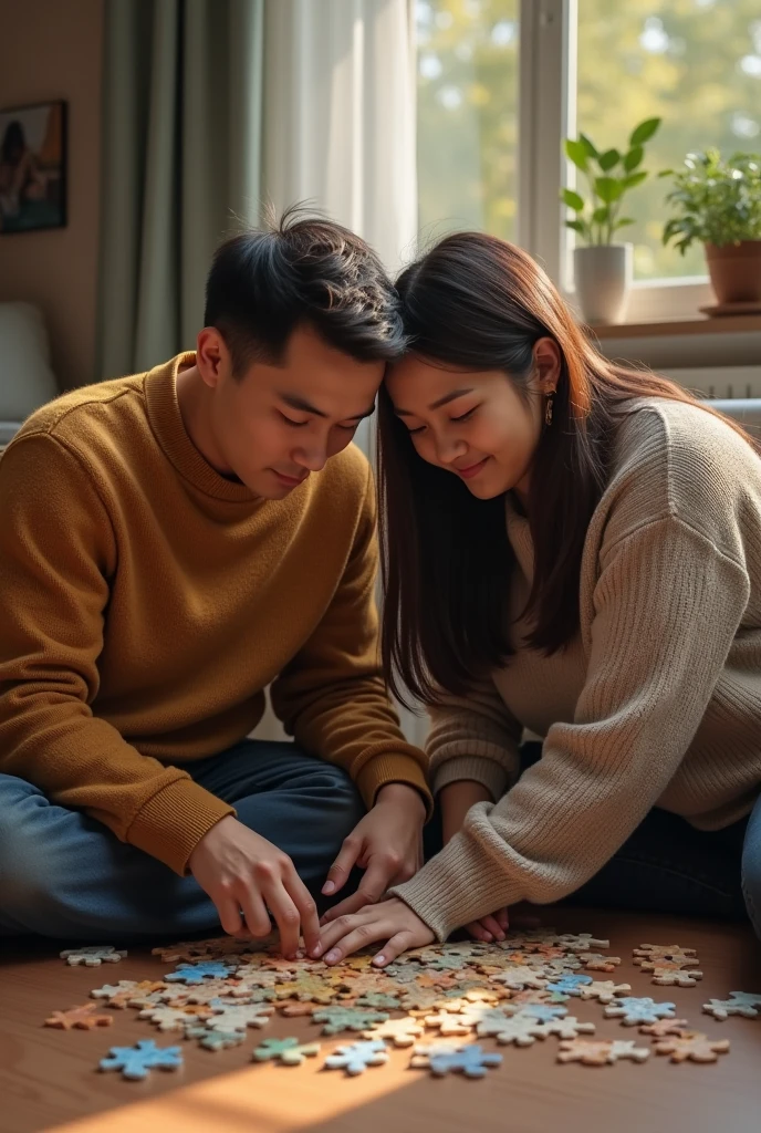 An adult couple playing puzzles together on the floor. Tall thin man, fat woman, long  hair. PICTURE REALISTIC.
