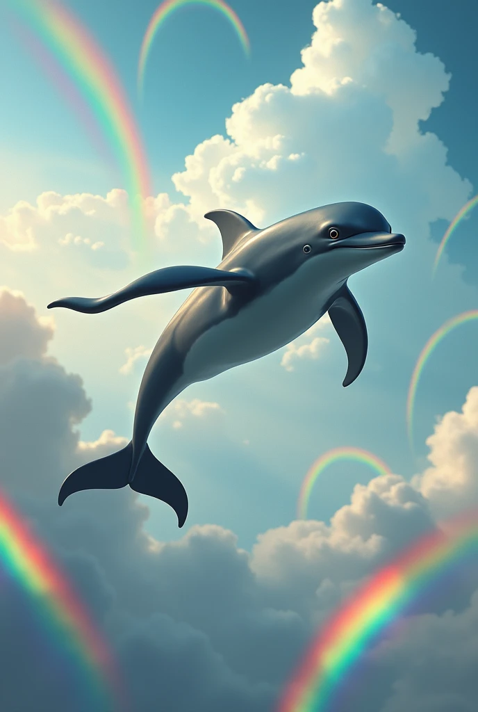 Dolphin man flying over the clouds with many rainbows