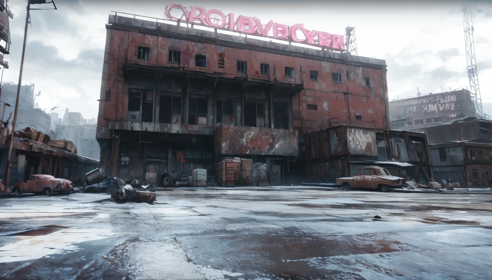  old soviet building, post apocaliptic factory, cyber punk setting, neon lights, old cars in front of the building, sad brutal architecture, red brick walls, concrete floor. old containers and crates, huge text sign at the top of the building, cloudy weather, from below, wide shot, atmospheric perspective, perspective, 8k, highres, best quality, award winning, super detail, masterpiece, UHD