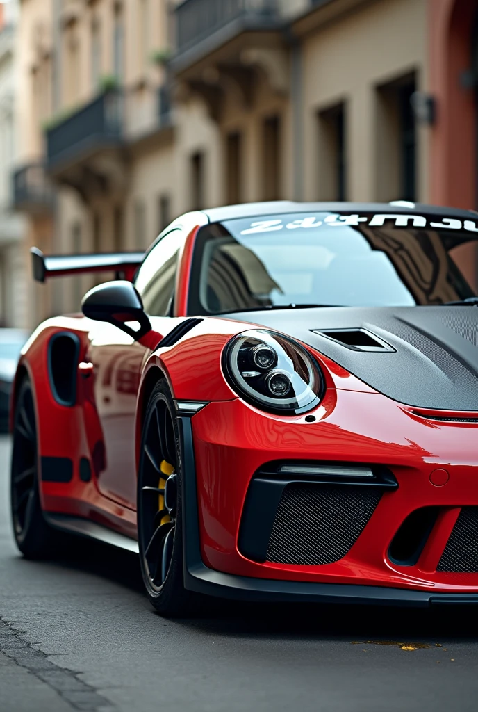 cree moi une photo d'une voiture de sport, une belle porsche GT3RS, avec un magnifique batiment avec des statue derrire, et le logo DELMAS RACING CARS SUR LE VOITURE EN COVERRING