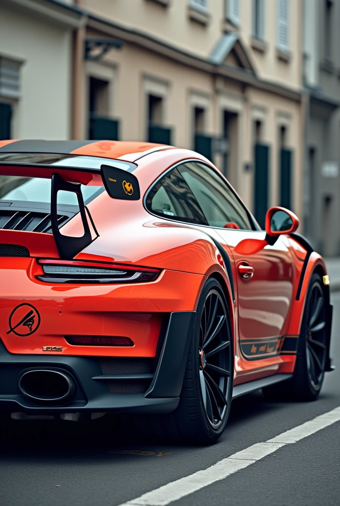 cree moi une photo d'une voiture de sport, une belle porsche GT3RS, avec un magnifique batiment avec des statue derrire, et le logo DELMAS RACING CARS SUR LE VOITURE EN COVERRING